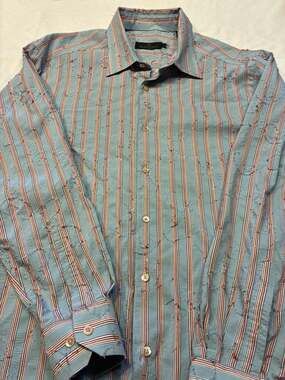 Bugatchi Uomo Men's Striped Distressed Frayed Long Sleeve Button Down Shirt Size